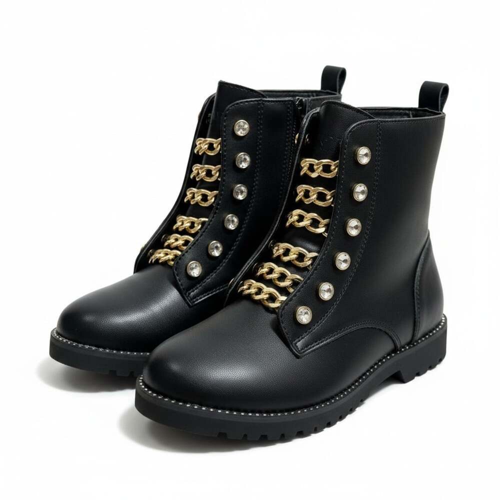 Kurt Geiger London Mini Bax Leather Chain Combat Boots Black Size 34 3M (US 3Y)